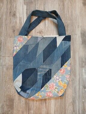 ​Handmade Upcycled Denim Patchwork Floral Tote Bag Boho Cottagecore Brand New